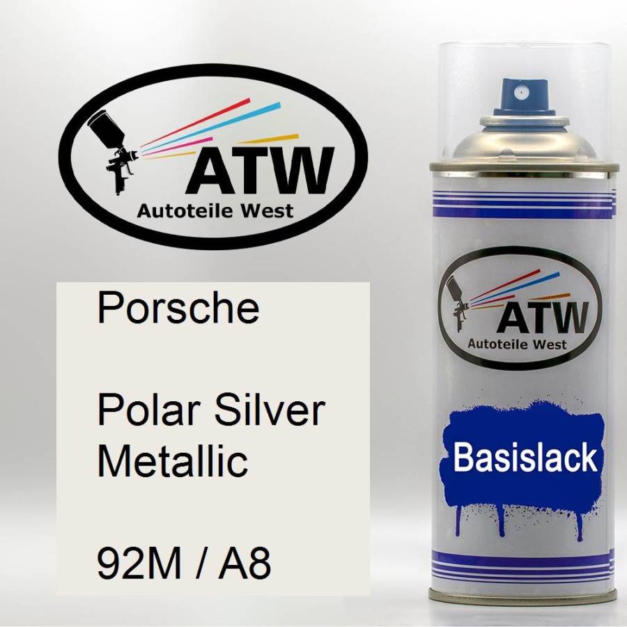 Porsche, Polar Silver Metallic, 92M / A8: 400ml Sprühdose, von ATW Autoteile West.